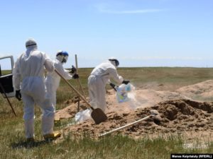 На могиле умершего от коронавируса распыляют хлор. Алматинская область, 25 мая 2020 года.